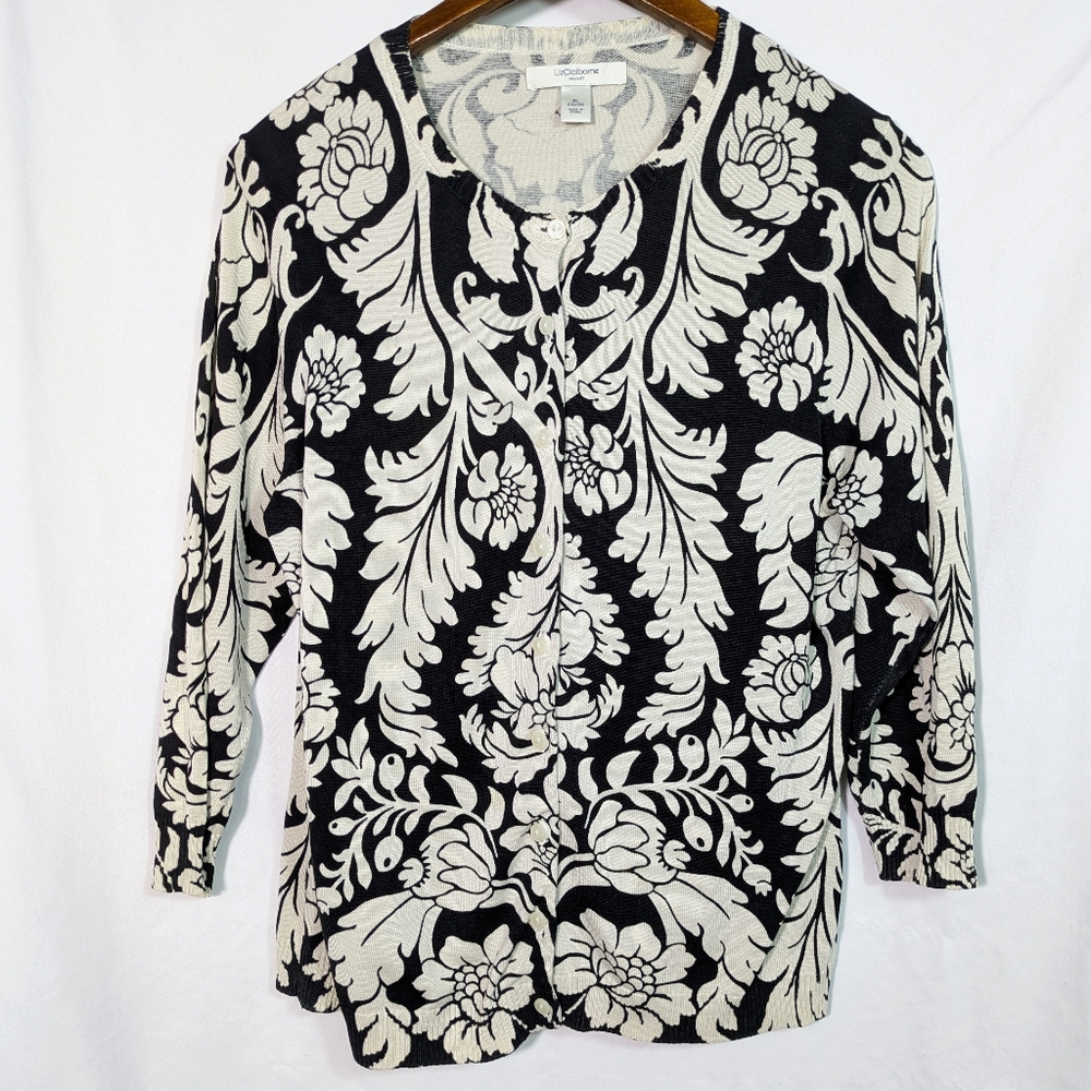 Liz Claiborne Black & Cream Floral Cardigan, Silk/Cotton Blend, Neutral Casual L
